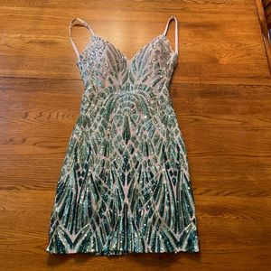 Jovani Mini Dress. Green and Silver Sequins.